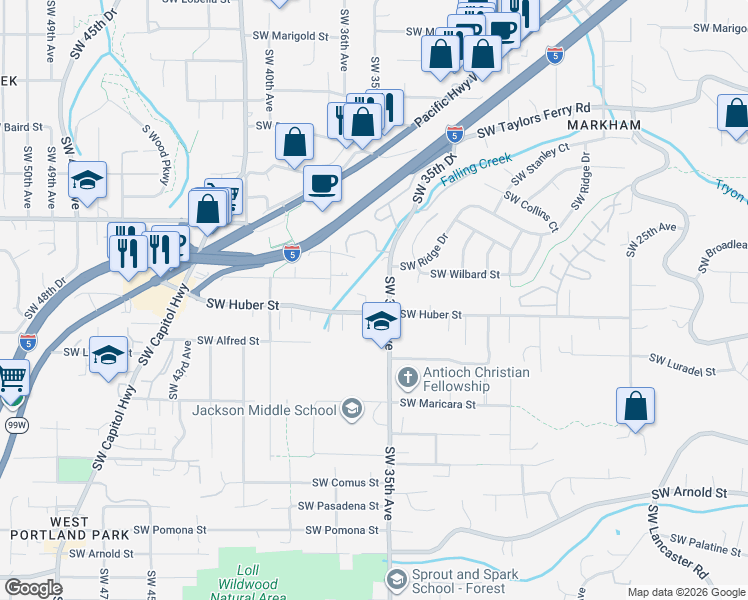 map of restaurants, bars, coffee shops, grocery stores, and more near 9939 Southwest 35th Drive in Portland