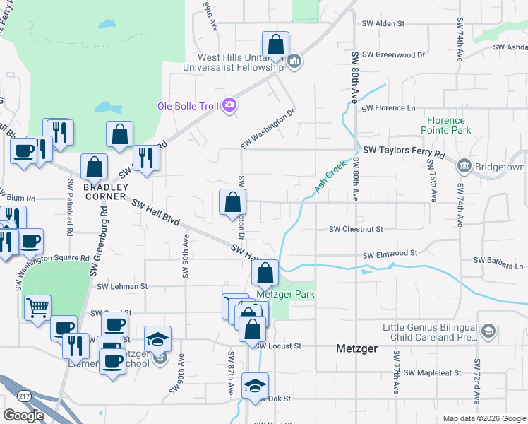 map of restaurants, bars, coffee shops, grocery stores, and more near 8505 Southwest Cedarcrest Street in Portland