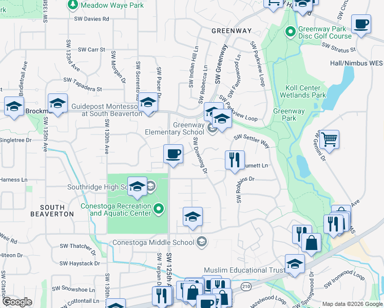 map of restaurants, bars, coffee shops, grocery stores, and more near 9255 Southwest Downing Drive in Beaverton