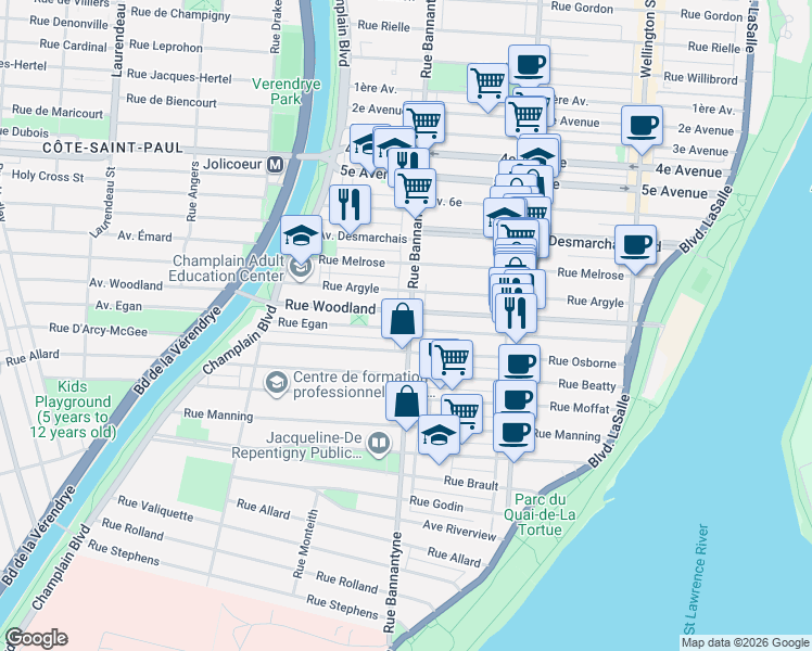 map of restaurants, bars, coffee shops, grocery stores, and more near 5545 Avenue Bannantyne in Montréal