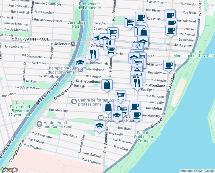 map of restaurants, bars, coffee shops, grocery stores, and more near 5545 Avenue Bannantyne in Montréal