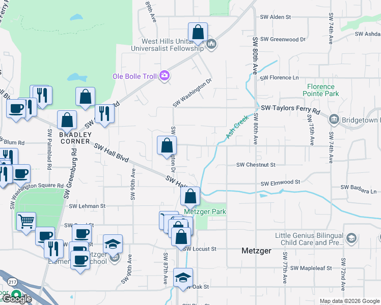 map of restaurants, bars, coffee shops, grocery stores, and more near 9348 Southwest Sutton Place in Tigard