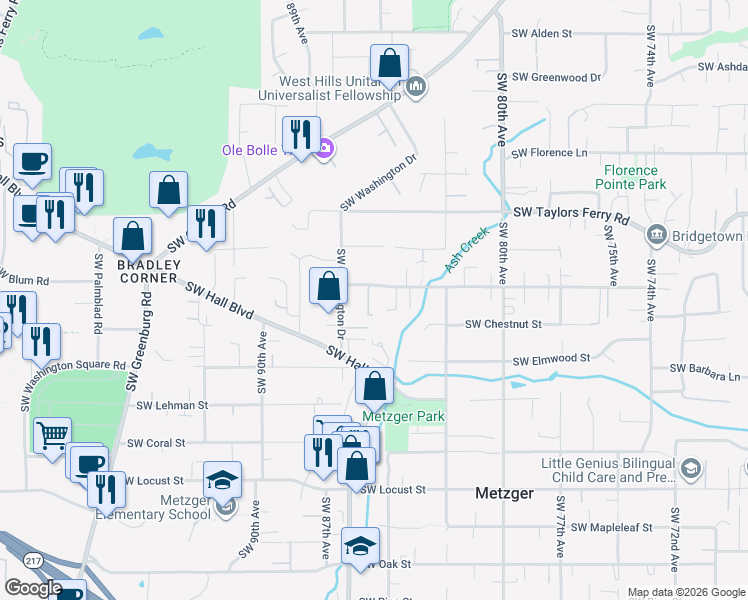 map of restaurants, bars, coffee shops, grocery stores, and more near 8505 Southwest Cedarcrest Street in Portland