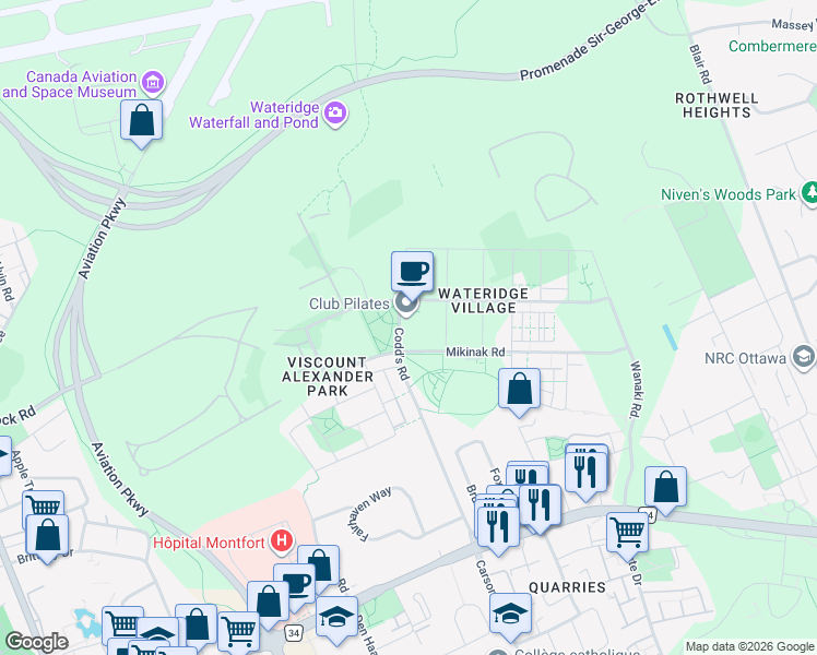map of restaurants, bars, coffee shops, grocery stores, and more near Cosmo Private in Ottawa
