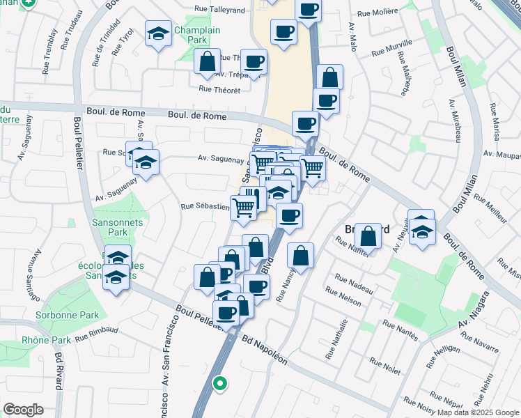 map of restaurants, bars, coffee shops, grocery stores, and more near 7800 Boulevard Taschereau in Brossard