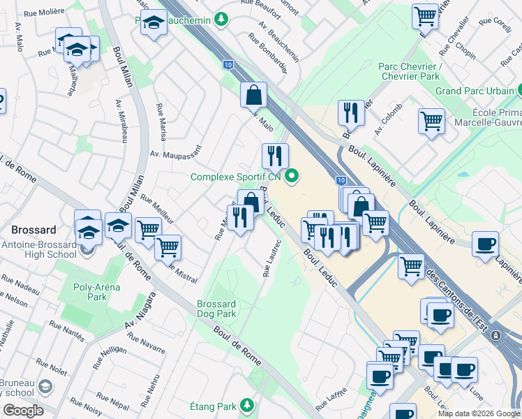 map of restaurants, bars, coffee shops, grocery stores, and more near 8155 Boulevard Leduc in Brossard