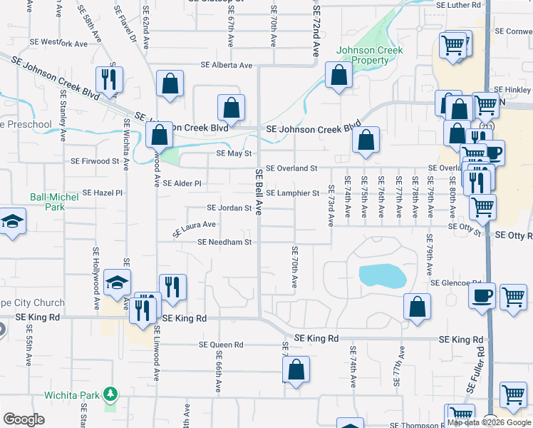 map of restaurants, bars, coffee shops, grocery stores, and more near 6840 Southeast Lamphier Street in Milwaukie