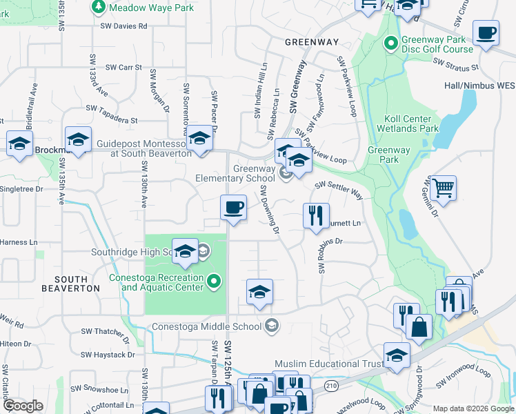map of restaurants, bars, coffee shops, grocery stores, and more near 9255 Southwest Downing Drive in Beaverton
