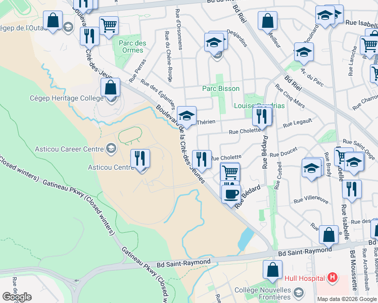 map of restaurants, bars, coffee shops, grocery stores, and more near 262 Boulevard de la Cité-des-Jeunes in Gatineau