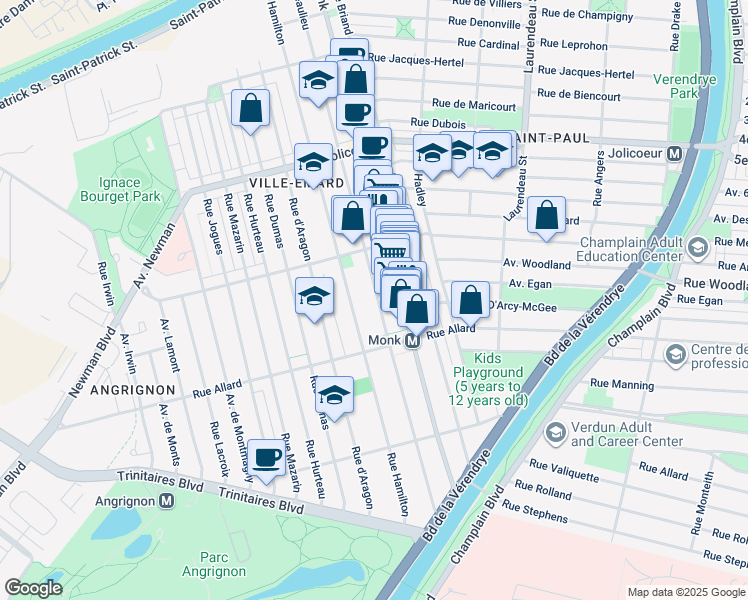 map of restaurants, bars, coffee shops, grocery stores, and more near 6623 Rue Beaulieu in Montréal