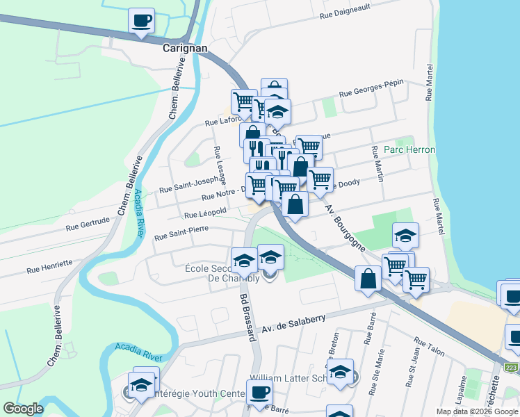 map of restaurants, bars, coffee shops, grocery stores, and more near 450 Boulevard Brassard in Chambly