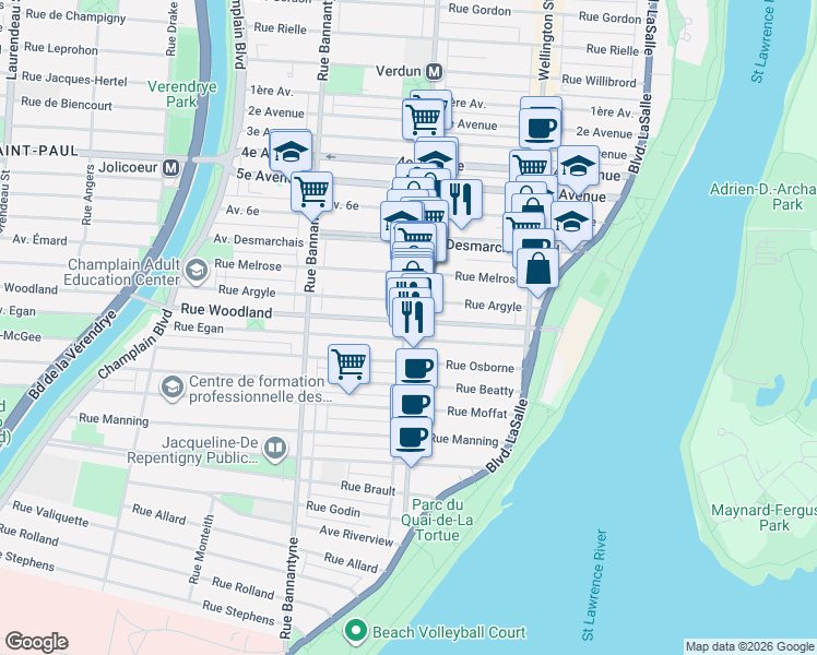 map of restaurants, bars, coffee shops, grocery stores, and more near 5509 Rue de Verdun in Montréal