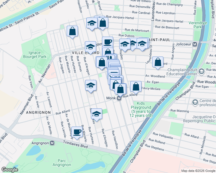 map of restaurants, bars, coffee shops, grocery stores, and more near 6625 Rue Beaulieu in Montréal