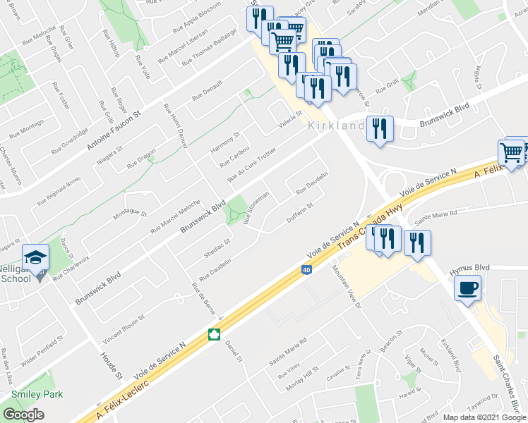 map of restaurants, bars, coffee shops, grocery stores, and more near 51 Rue Daudelin in Kirkland