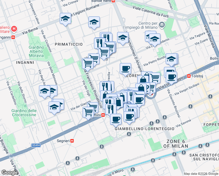 map of restaurants, bars, coffee shops, grocery stores, and more near 2/1 Viale San Gimignano in Milan