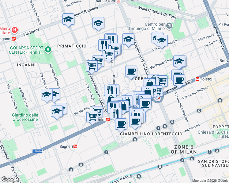 map of restaurants, bars, coffee shops, grocery stores, and more near 2 Viale San Gimignano in Milano