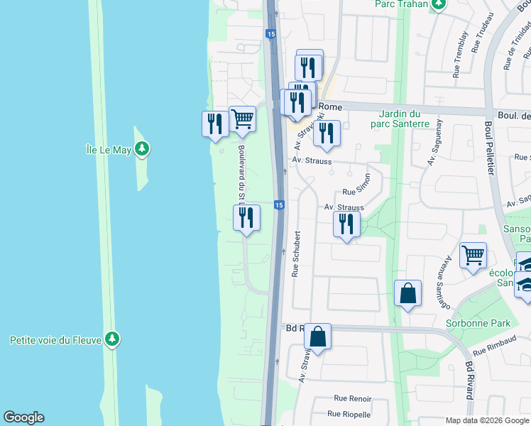 map of restaurants, bars, coffee shops, grocery stores, and more near 505 Rue Saint François in Brossard