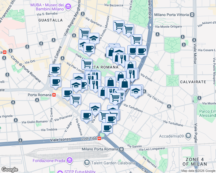 map of restaurants, bars, coffee shops, grocery stores, and more near 5-9 Via Contardo Ferrini in Milan