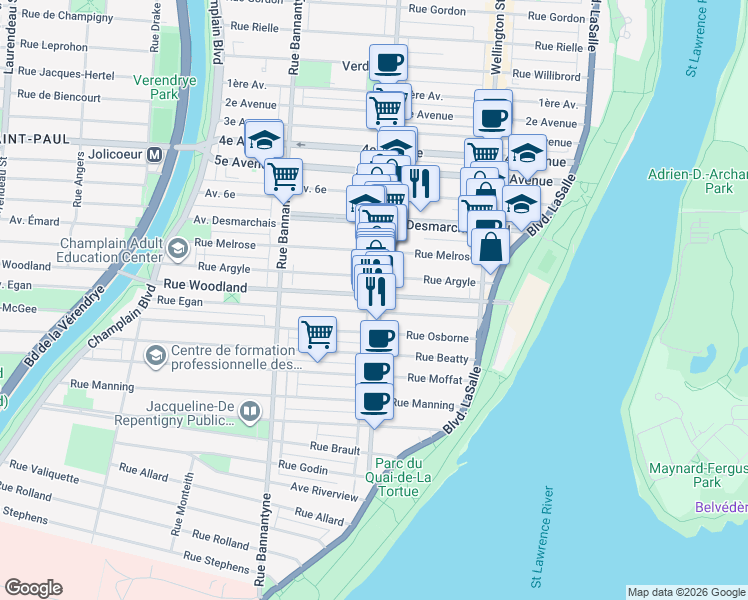 map of restaurants, bars, coffee shops, grocery stores, and more near 5509 Rue de Verdun in Montréal
