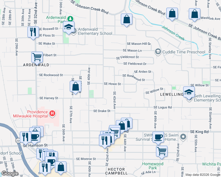 map of restaurants, bars, coffee shops, grocery stores, and more near 9665 Southeast 43rd Avenue in Milwaukie