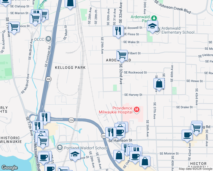 map of restaurants, bars, coffee shops, grocery stores, and more near 2902 Southeast Kelvin Street in Milwaukie