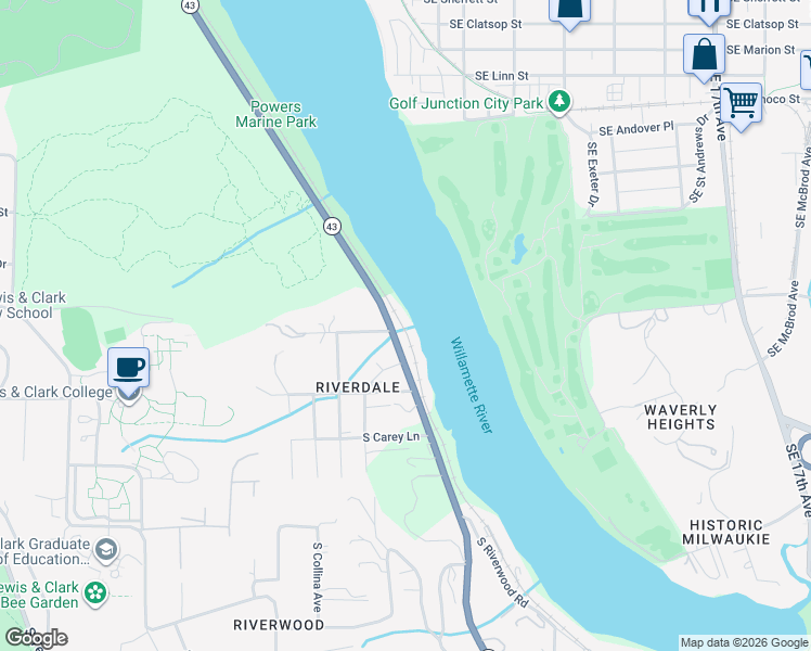 map of restaurants, bars, coffee shops, grocery stores, and more near 10000 Southwest Riverside Drive in Portland