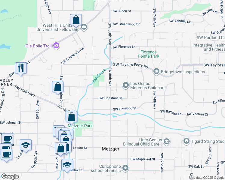 map of restaurants, bars, coffee shops, grocery stores, and more near 9280 Southwest 80th Avenue in Portland