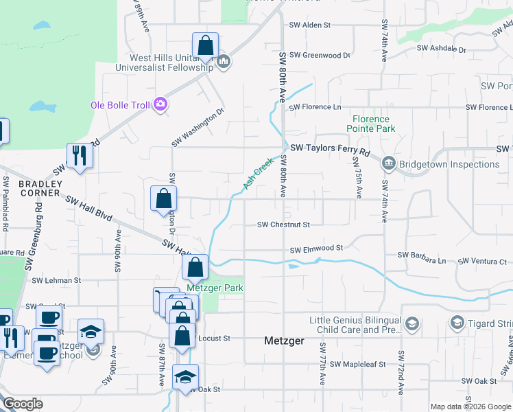 map of restaurants, bars, coffee shops, grocery stores, and more near 8077 Southwest Cedarcrest Street in Portland