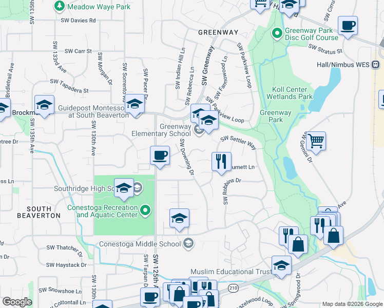 map of restaurants, bars, coffee shops, grocery stores, and more near 9280 Southwest Downing Drive in Beaverton