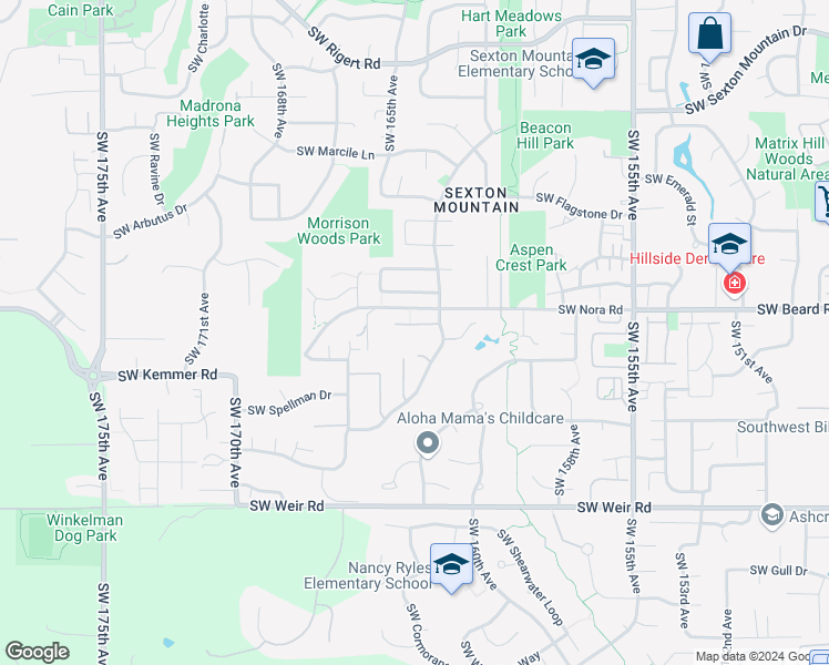 map of restaurants, bars, coffee shops, grocery stores, and more near 16477 Southwest Goldview Way in Beaverton