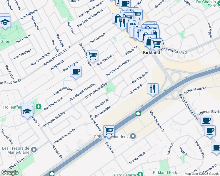 map of restaurants, bars, coffee shops, grocery stores, and more near 17198 Brunswick Boulevard in Kirkland