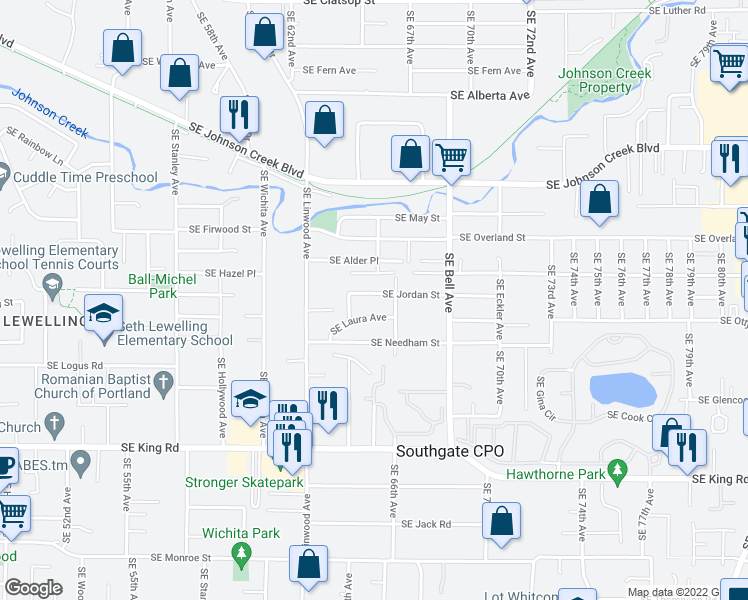 map of restaurants, bars, coffee shops, grocery stores, and more near 6490 Southeast Jordan Street in Milwaukie