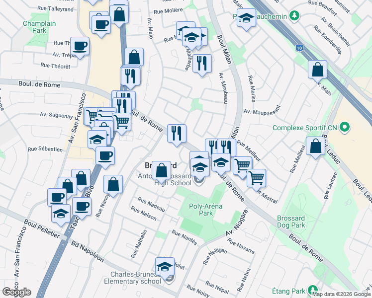 map of restaurants, bars, coffee shops, grocery stores, and more near 2545 Boulevard de Rome in Brossard