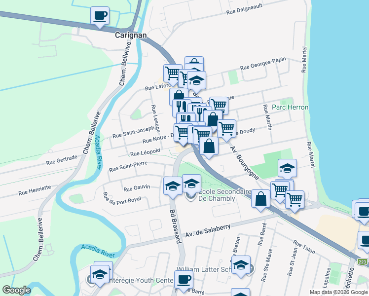 map of restaurants, bars, coffee shops, grocery stores, and more near 900 Boulevard de Périgny in Chambly