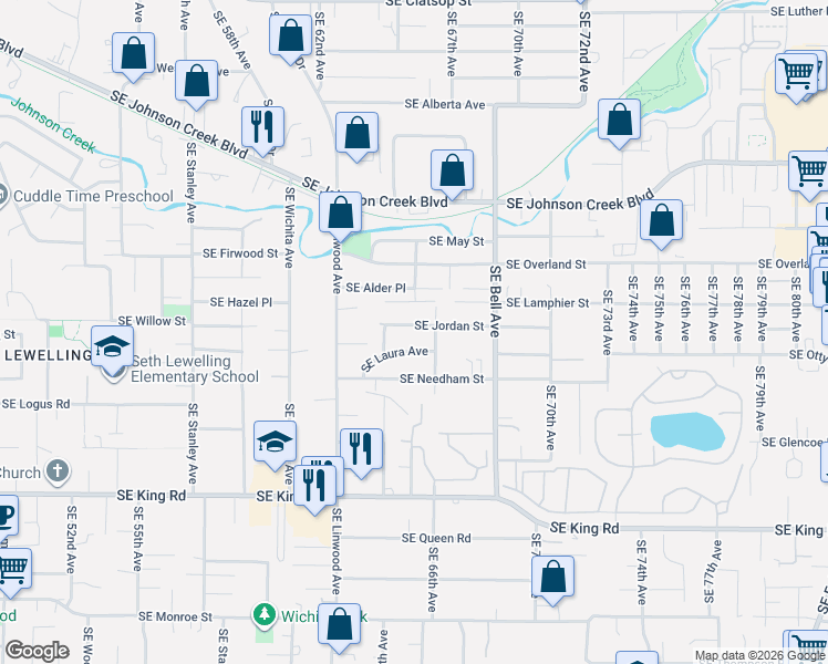 map of restaurants, bars, coffee shops, grocery stores, and more near 6490 Southeast Jordan Street in Milwaukie