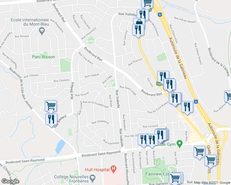 map of restaurants, bars, coffee shops, grocery stores, and more near 67 Rue Isabelle in Gatineau