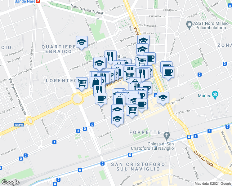 map of restaurants, bars, coffee shops, grocery stores, and more near 38 Via Vespri Siciliani in Milano