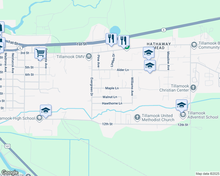 map of restaurants, bars, coffee shops, grocery stores, and more near 3508 Maple Ln in Tillamook