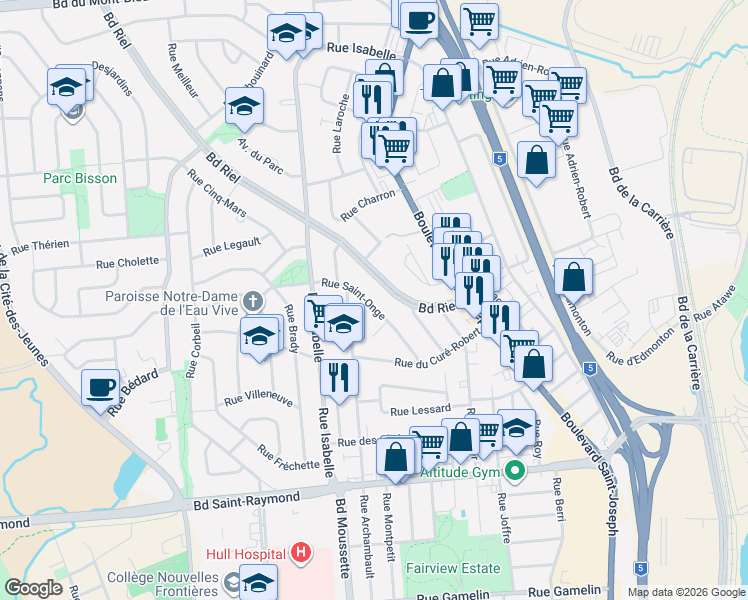 map of restaurants, bars, coffee shops, grocery stores, and more near 65 Rue Saint-Onge in Gatineau