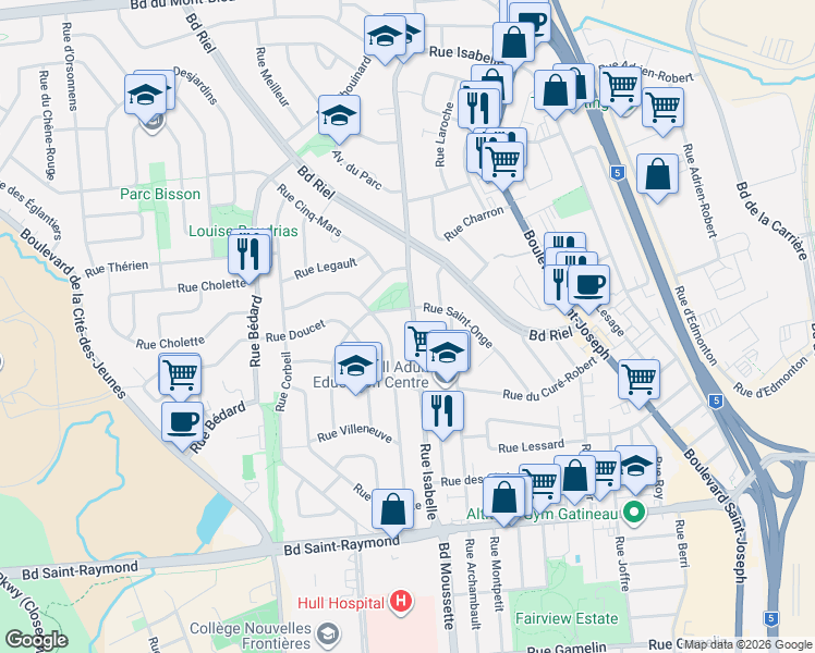 map of restaurants, bars, coffee shops, grocery stores, and more near 67 Rue Isabelle in Gatineau