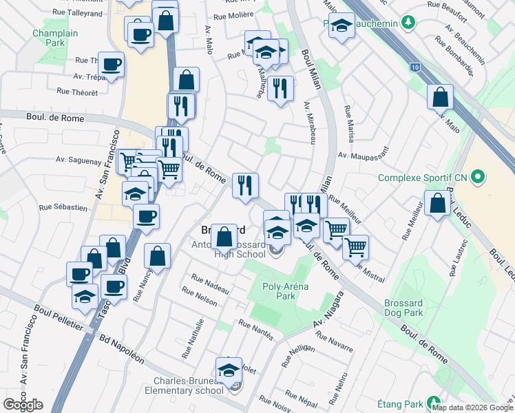 map of restaurants, bars, coffee shops, grocery stores, and more near 2545 Boulevard de Rome in Brossard