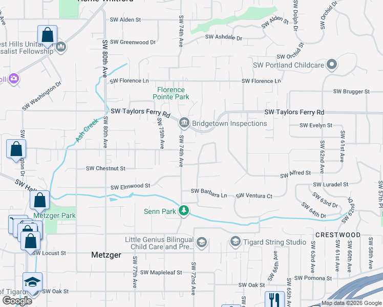 map of restaurants, bars, coffee shops, grocery stores, and more near 9320 Southwest 74th Avenue in Portland