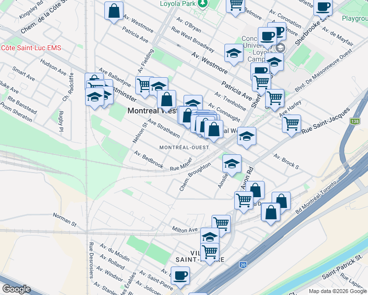 map of restaurants, bars, coffee shops, grocery stores, and more near 73 Avenue Wolseley Nord in Montréal-Ouest