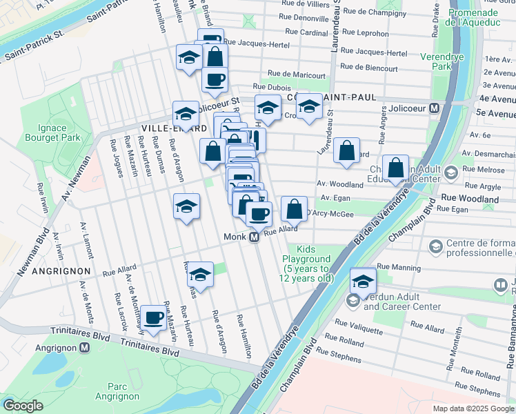 map of restaurants, bars, coffee shops, grocery stores, and more near 6643 Rue Briand in Montréal