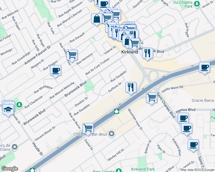 map of restaurants, bars, coffee shops, grocery stores, and more near 48 Rue Daudelin in Kirkland