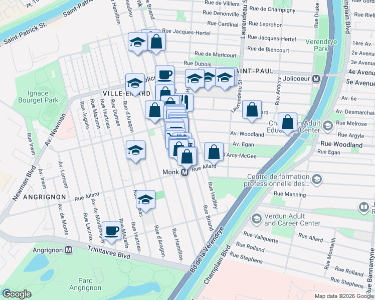 map of restaurants, bars, coffee shops, grocery stores, and more near 6643 Rue Briand in Montréal