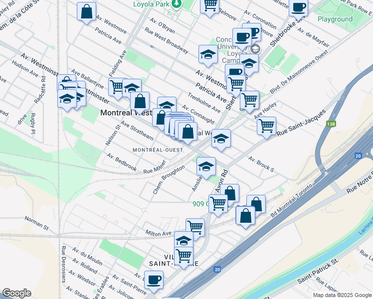 map of restaurants, bars, coffee shops, grocery stores, and more near in Montreal West