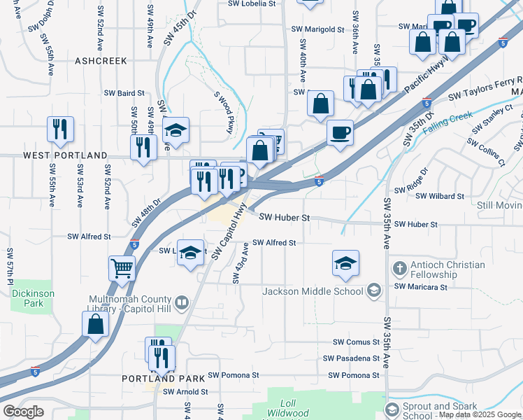 map of restaurants, bars, coffee shops, grocery stores, and more near 10030 Southwest Capitol Highway in Portland