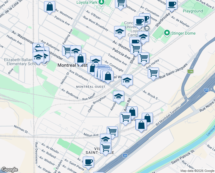 map of restaurants, bars, coffee shops, grocery stores, and more near in Montreal West