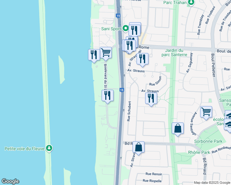 map of restaurants, bars, coffee shops, grocery stores, and more near in Brossard